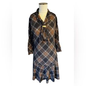 Adrienne Vittadini Brown Plaid Tie Neck Academia Lightweight Sheath Dress Sz M